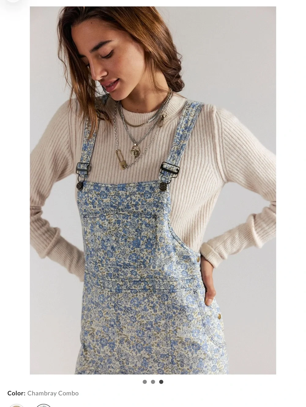 Chambray Combo Floral Denim Overall Dress - Blue - Picture 3 of 3